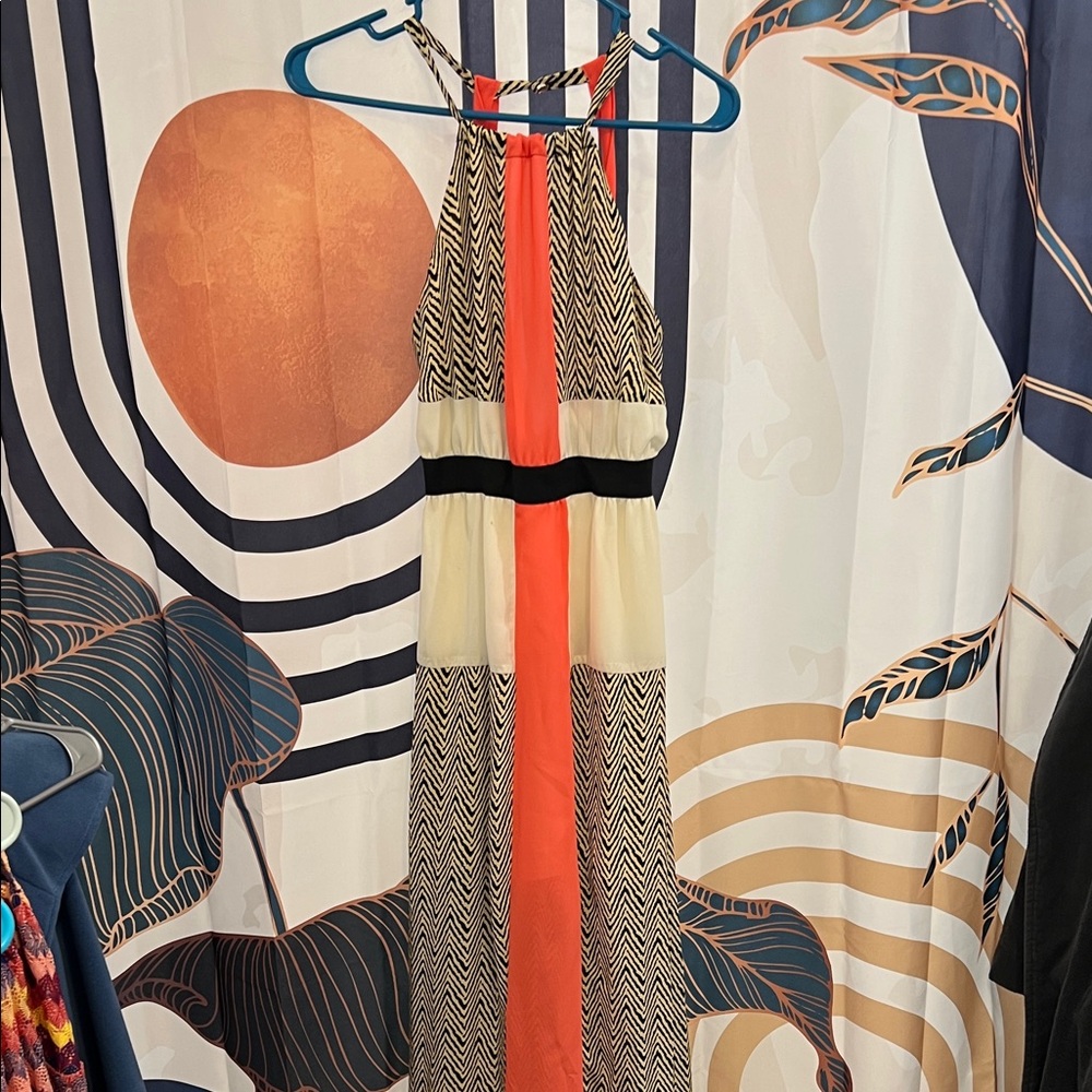 Xtaren Coral, Cream and Black Halter Maxi Dress